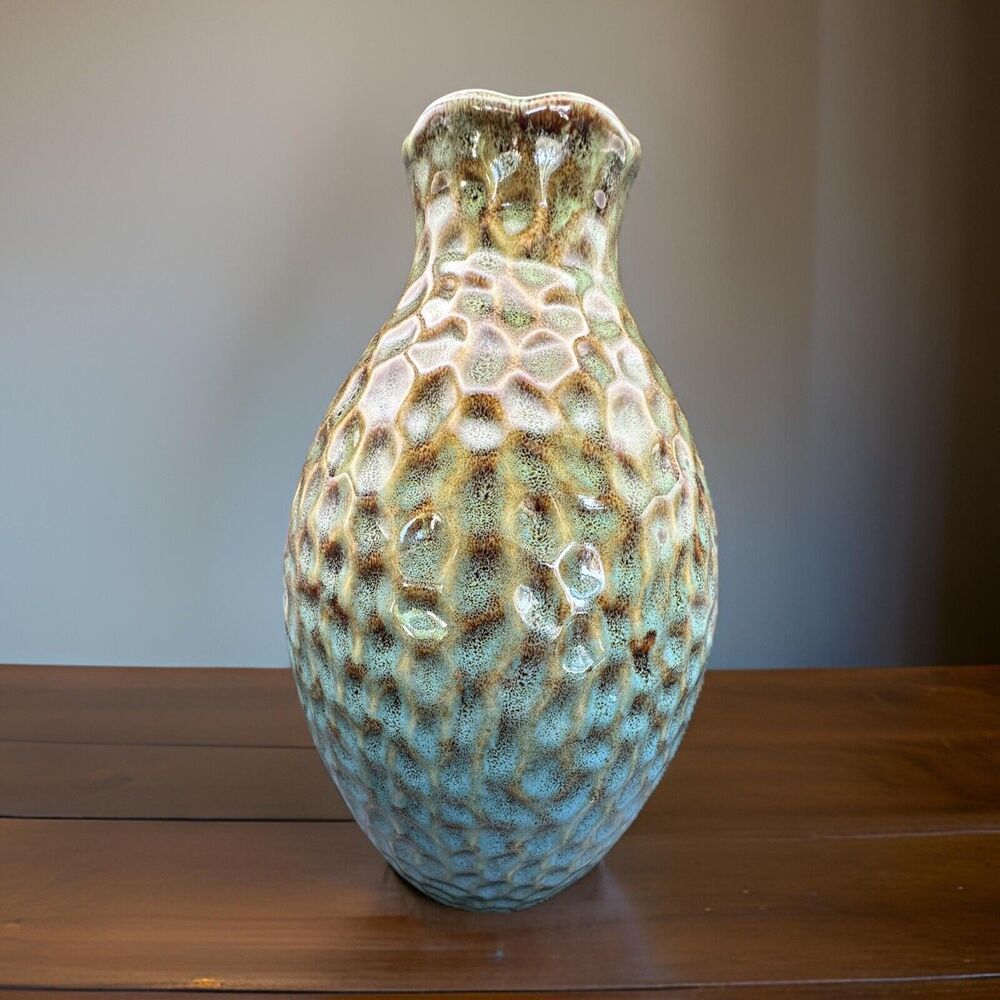 Ceramic Vase 8 Inch With Heavy Texture Blue Green Glaze Heavy